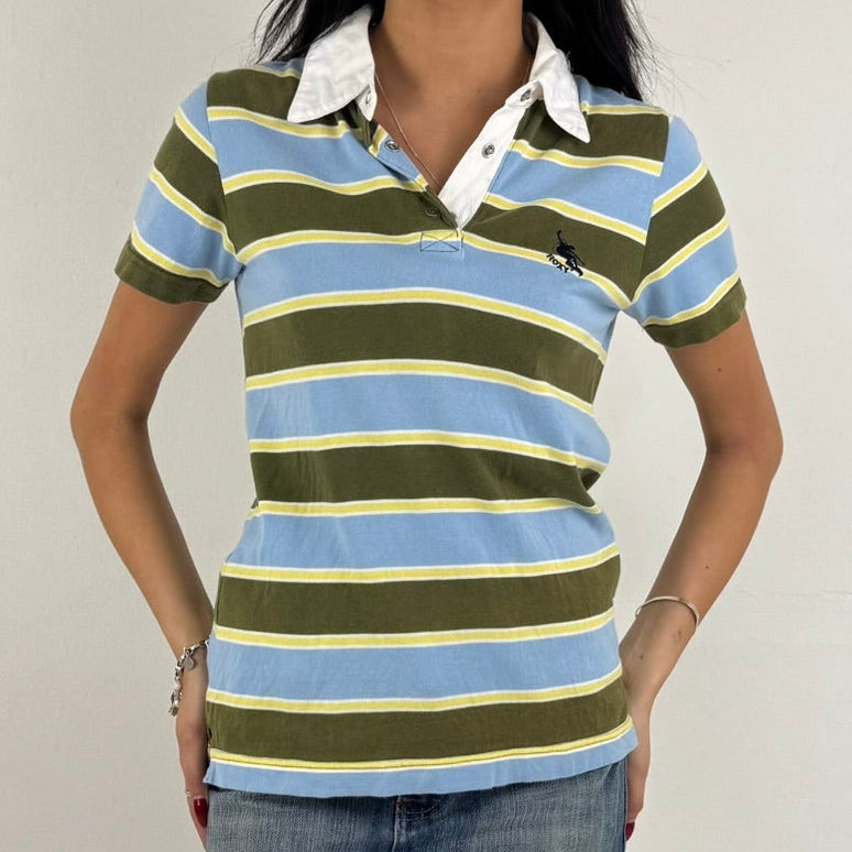 Vintage Y2K Roxy Polo Shirt - Women's Blue & Brown Stripe (L)