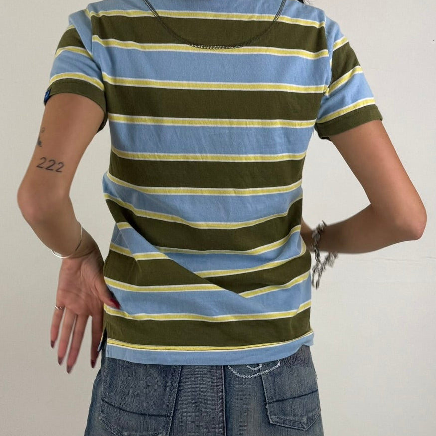 Vintage Y2K Roxy Polo Shirt - Women's Blue & Brown Stripe (L)