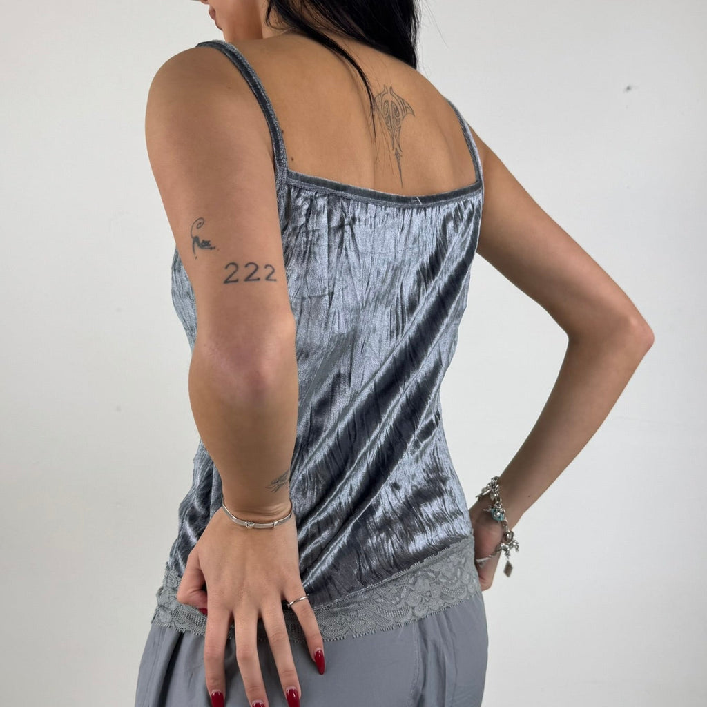 Vintage Y2K Velvet Lace Cami Top - Women's Grey (S/M)