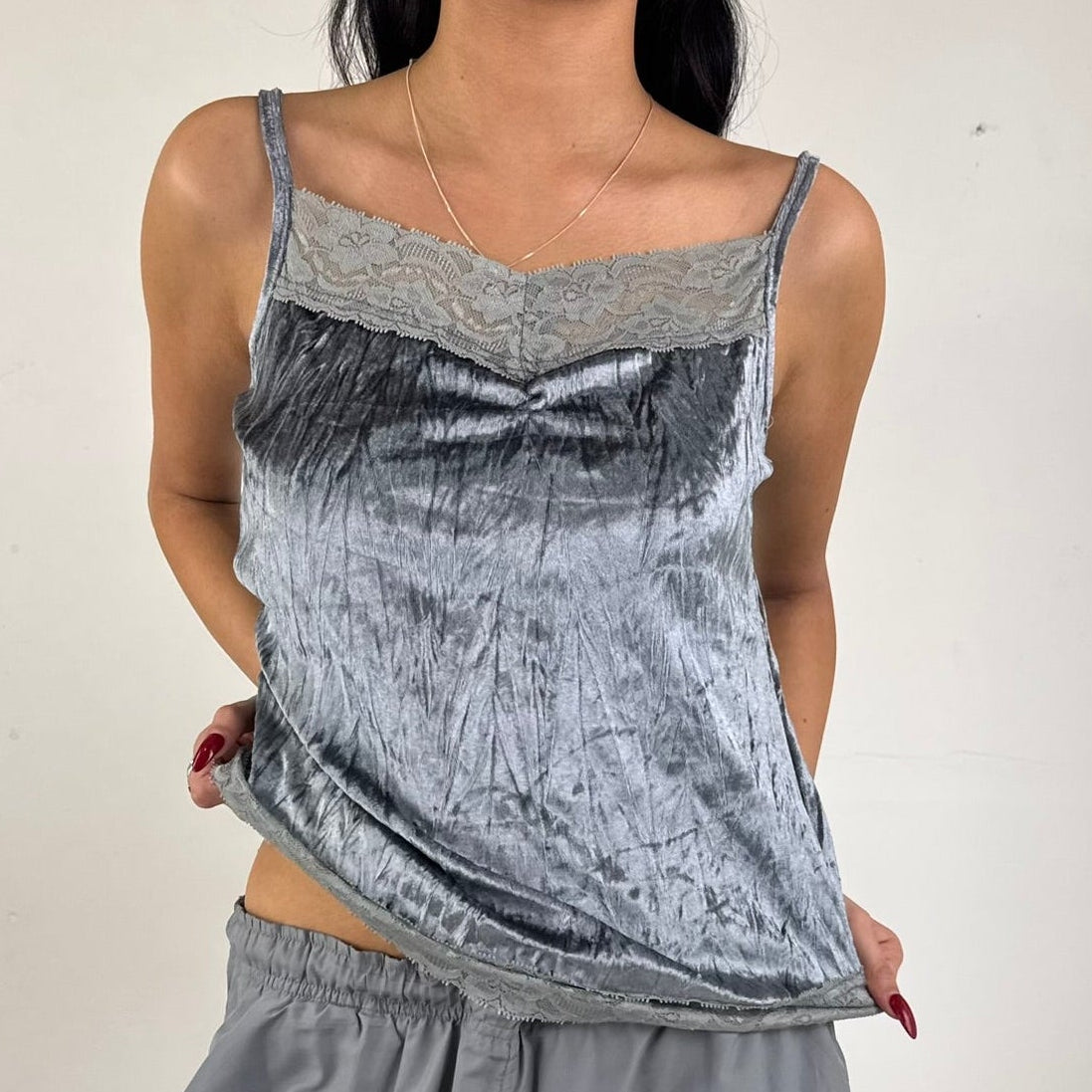 Vintage Y2K Velvet Lace Cami Top - Women's Grey (S/M)