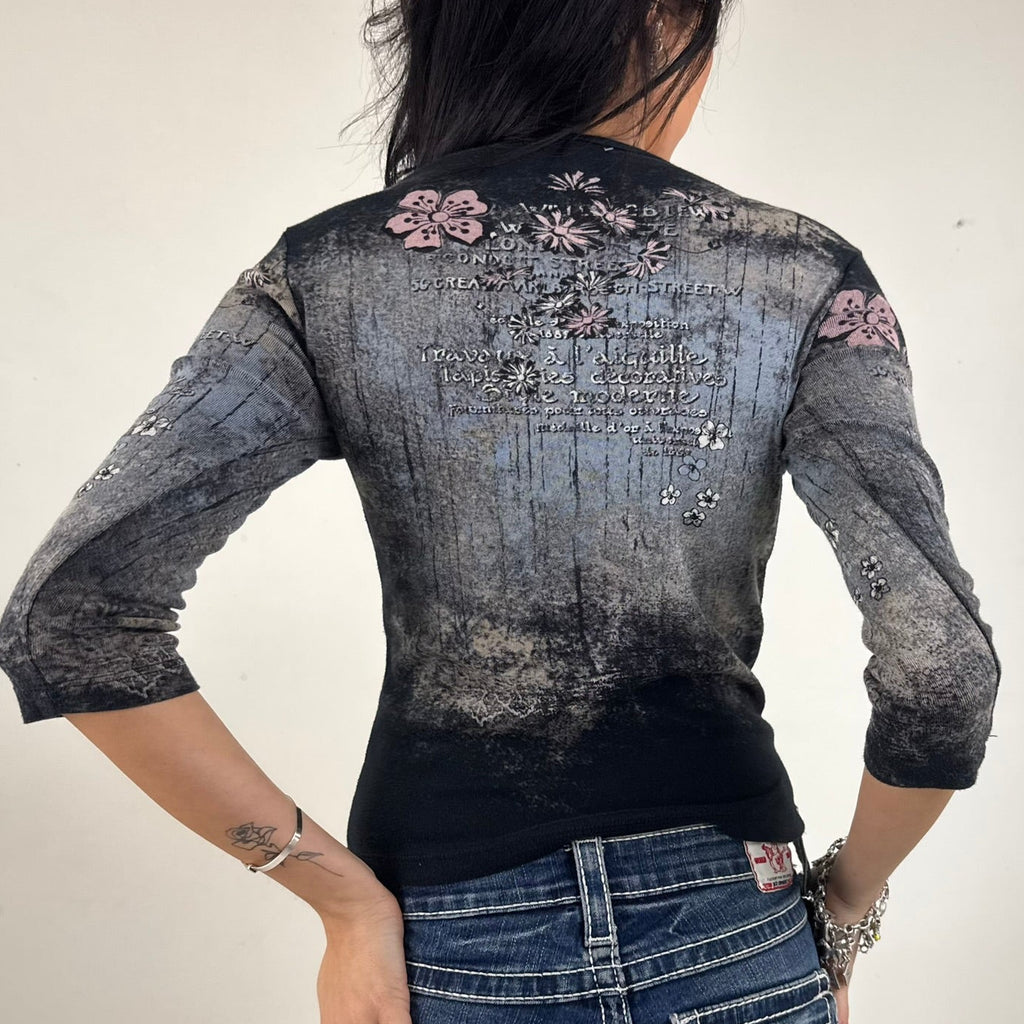 Vintage Fornia Floral 3 Quarter Sleeve Top - Black & Sparkle (M)