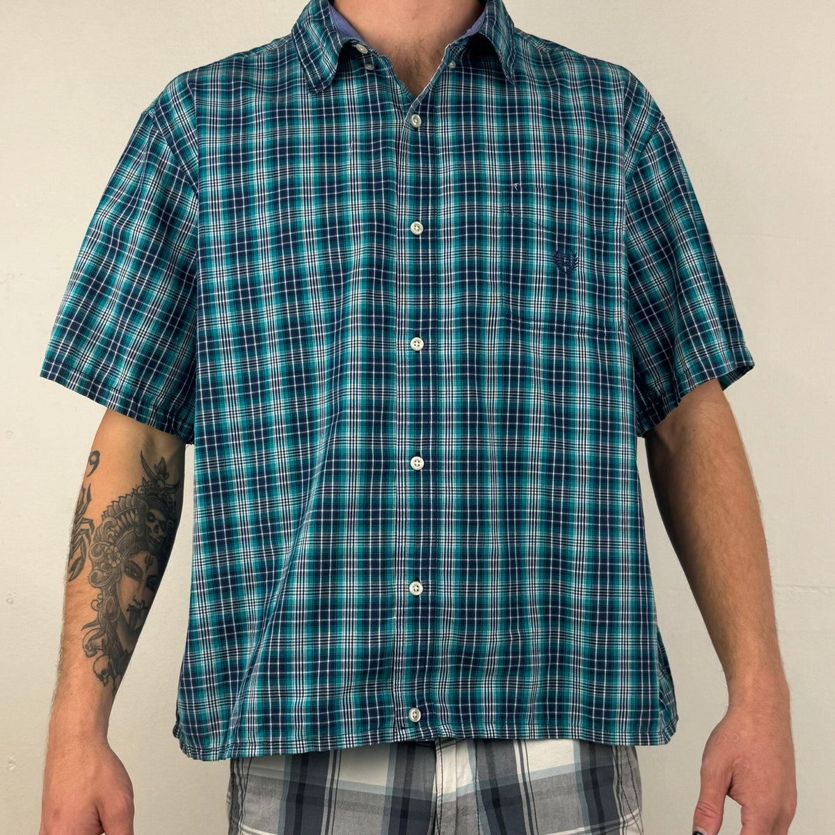 Chaps Cropped Button Up Shirt - Men's Blue Plaid (XXL)