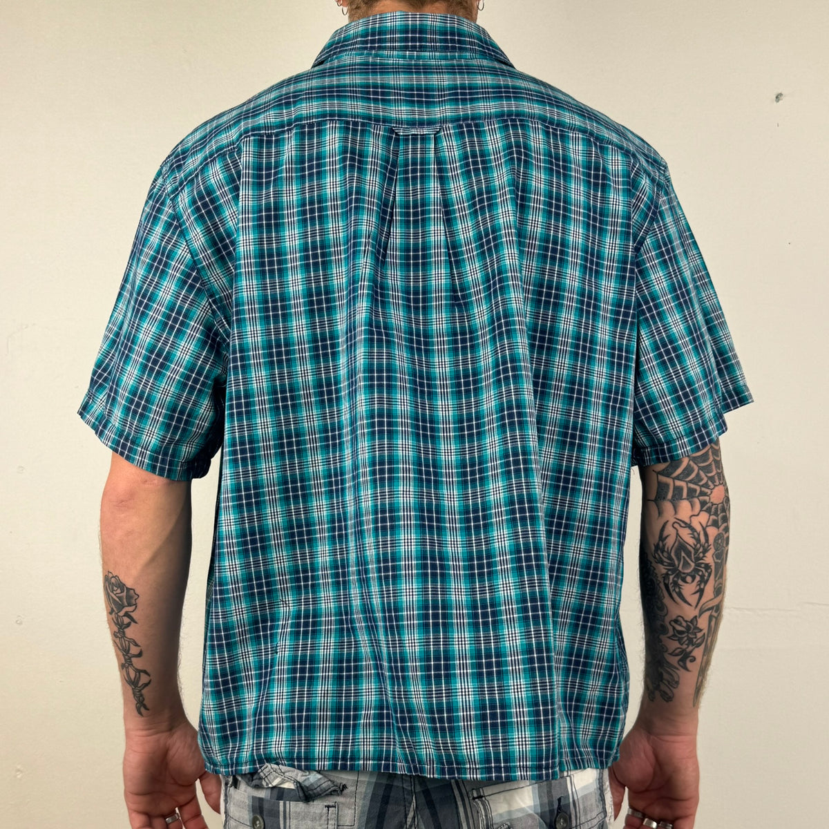 Chaps Cropped Button Up Shirt - Men's Blue Plaid (XXL)