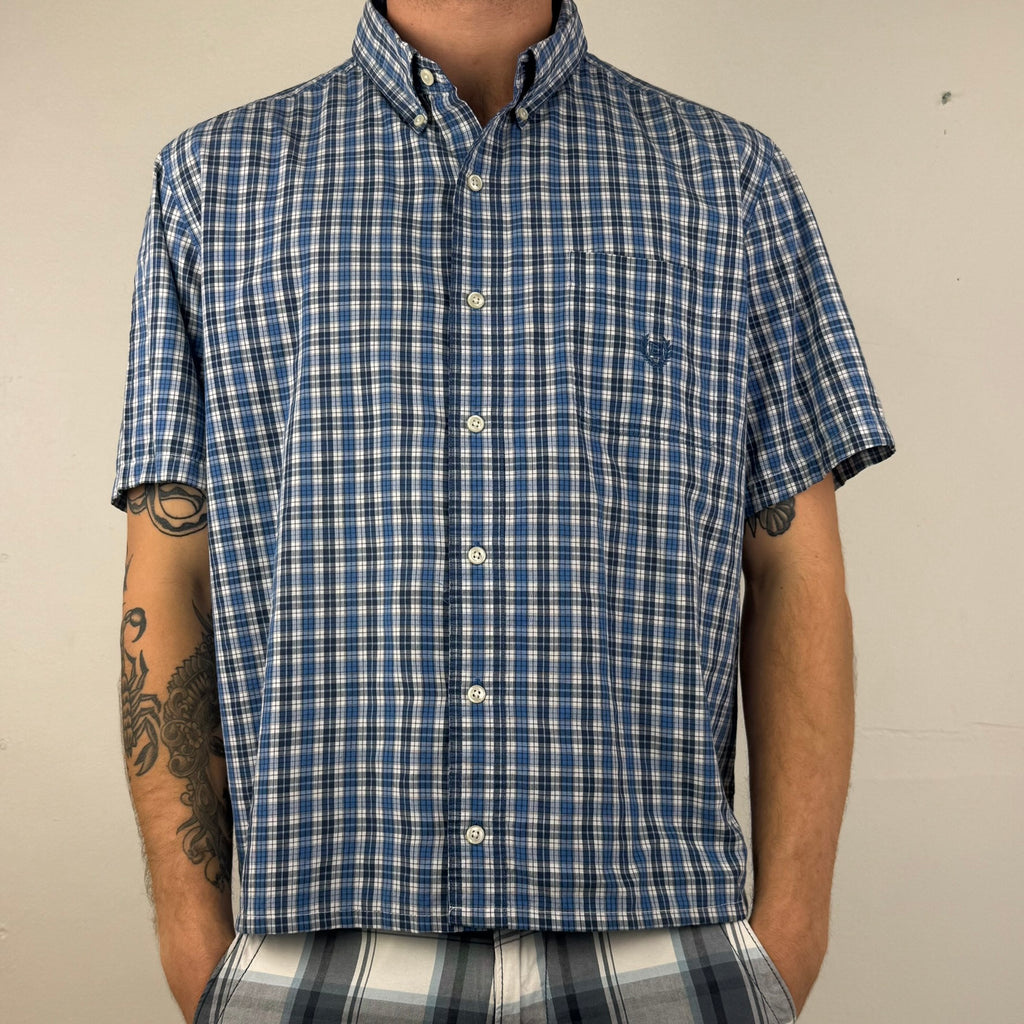 Chaps Cropped Button Up Shirt - Men's Blue Plaid (XL)