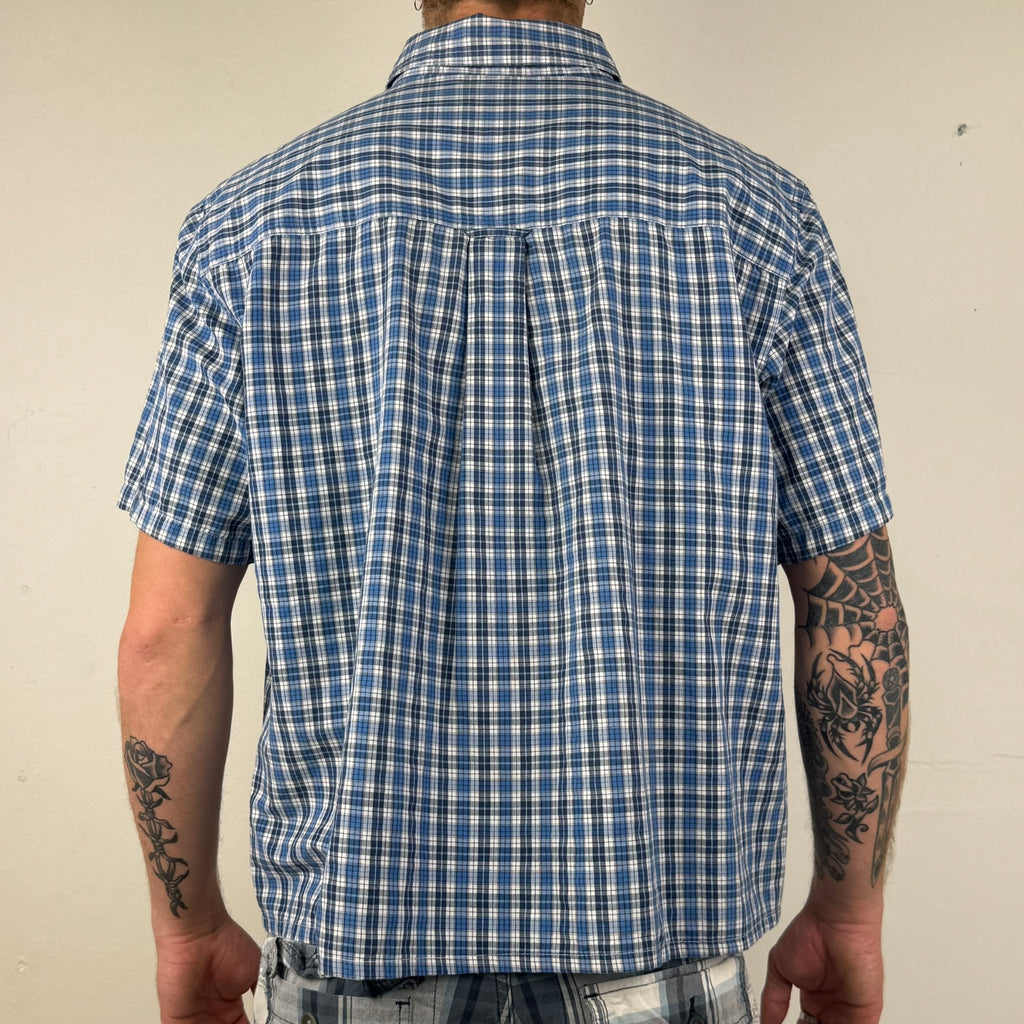 Chaps Cropped Button Up Shirt - Men's Blue Plaid (XL)