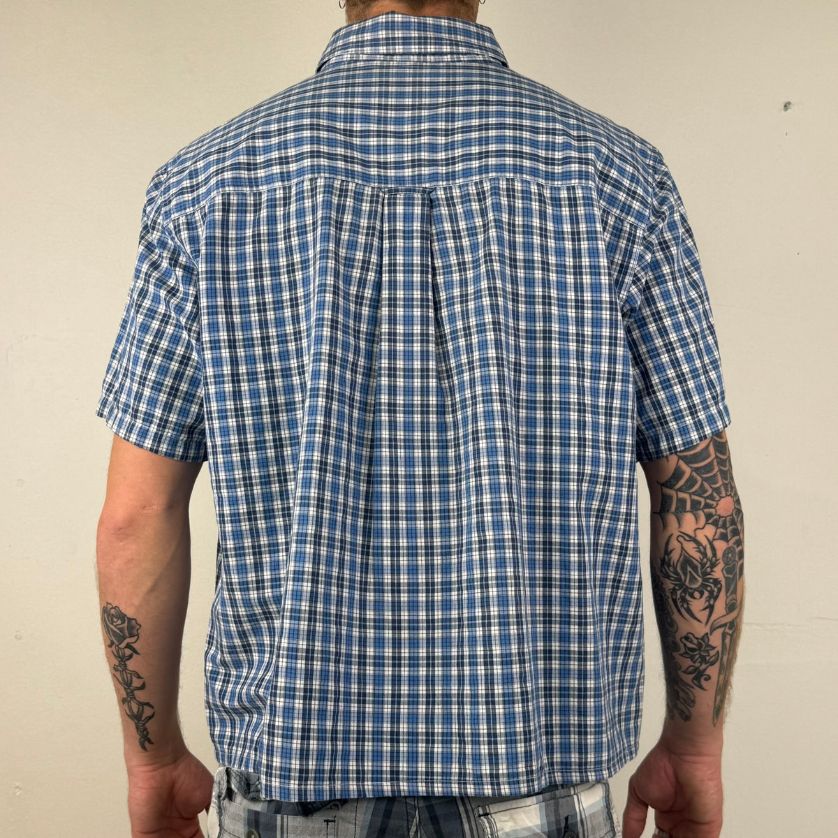 Chaps Cropped Button Up Shirt - Men's Blue Plaid (XL)