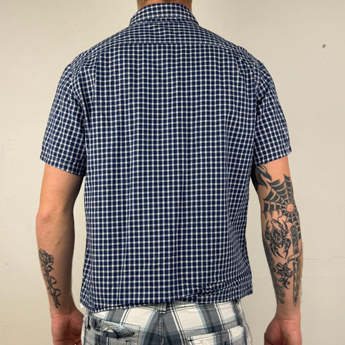 Chaps Cropped Button Up Shirt - Men's Blue Plaid (L)